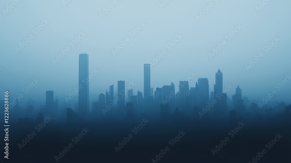 City Skyline Silhouette in Hazy Blue Atmosphere City Skyline Silhouette in Hazy Blue Atmosphere
