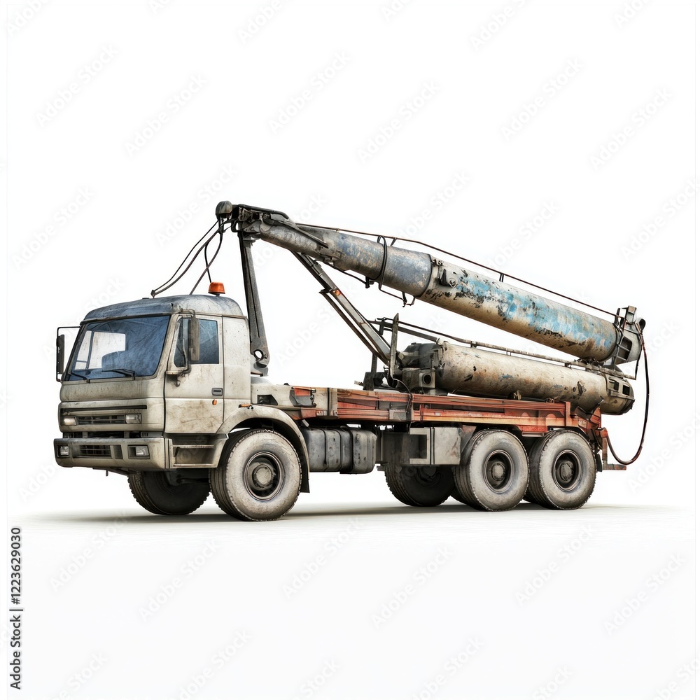Industrial concrete mixer truck photo realistic blank mockup with copy space and logotype space for construction site isolated on white. Heavy-duty Construction Vehicle Cement Mixer Truck. Industrial concrete mixer truck photo realistic blank mockup with copy space and logotype space for construction site isolated on white. Heavy-duty Construction Vehicle Cement Mixer Truck.