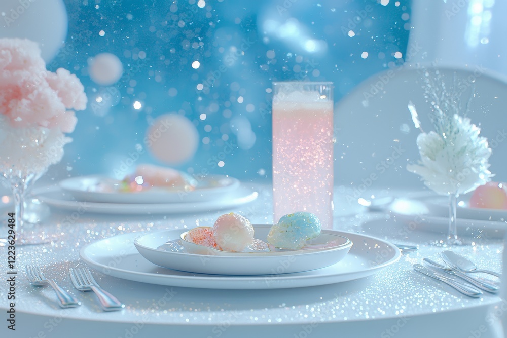 An ethereal dining scene with pastel colors, sparkling drinks, and a dreamy ambiance. The setting includes delicate dishes and sparkling decor, creating a surreal and sophisticated experience. An ethereal dining scene with pastel colors, sparkling drinks, and a dreamy ambiance. The setting includes delicate dishes and sparkling decor, creating a surreal and sophisticated experience.