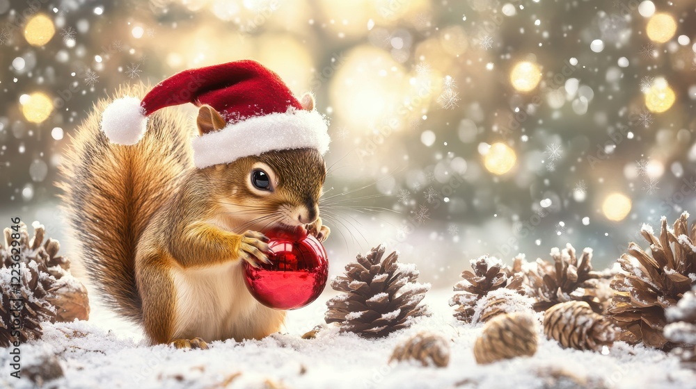 Festive squirrel with santa hat holding red ornament in winter wonderland Festive squirrel with santa hat holding red ornament in winter wonderland