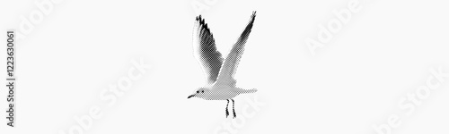 seagull flying isolated on white background retro grunge halftone dotted vintage cut-out black dots collage element for mixed media design sea bird with spread wings