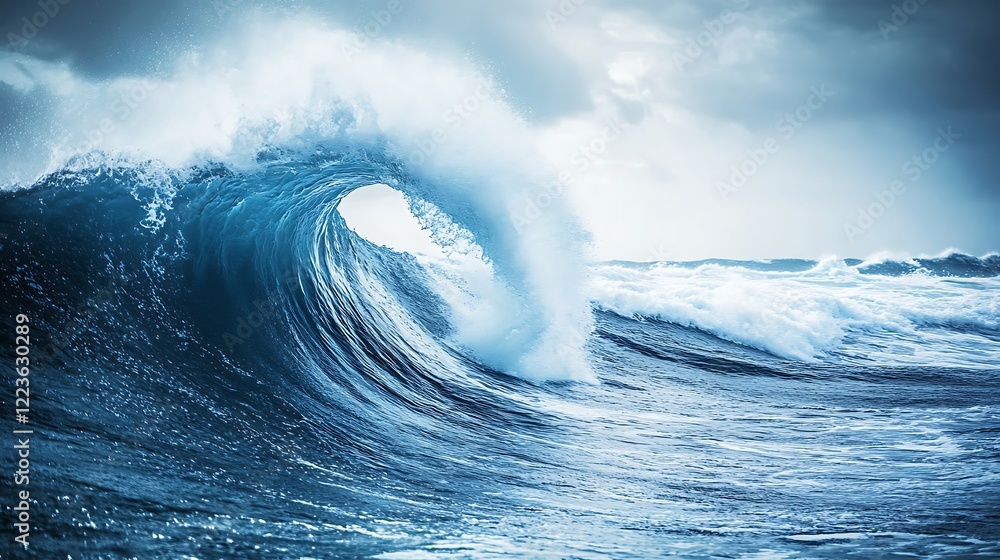 Majestic Ocean Wave Curling Powerfully In Blue Water Majestic Ocean Wave Curling Powerfully In Blue Water