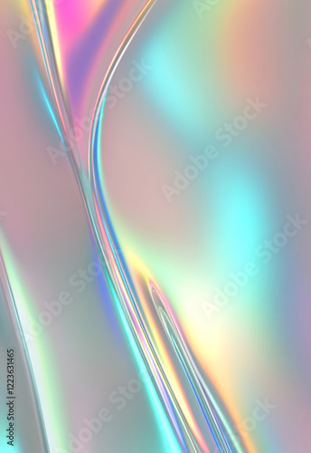 Iridescent surface displays dynamic, flowing colors in an abstract, futuristic design