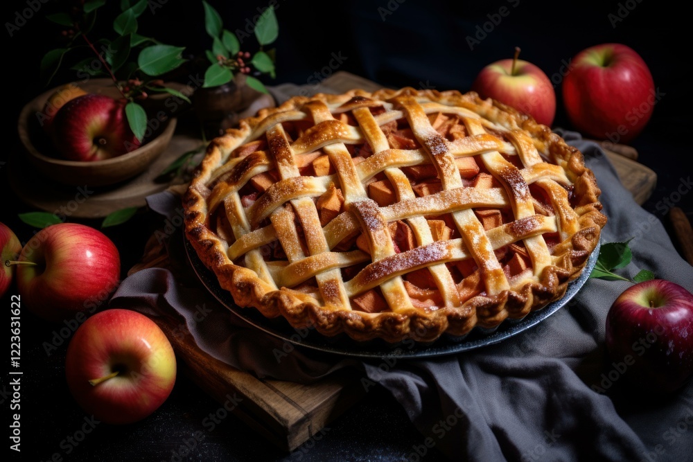 Homemade apple pie with lattice crust, sitting on a wooden board with fresh red apples, creates a warm and inviting autumnal scene Homemade apple pie with lattice crust, sitting on a wooden board with fresh red apples, creates a warm and inviting autumnal scene