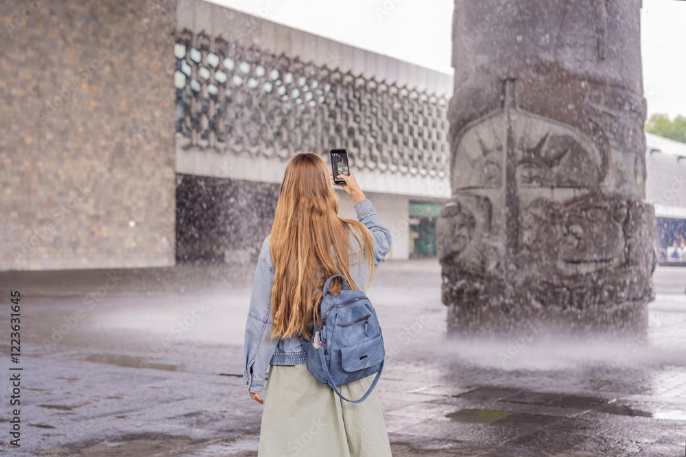 Female tourist exploring the National Museum of Anthropology in Mexico City. Cultural heritage and historical exploration concept