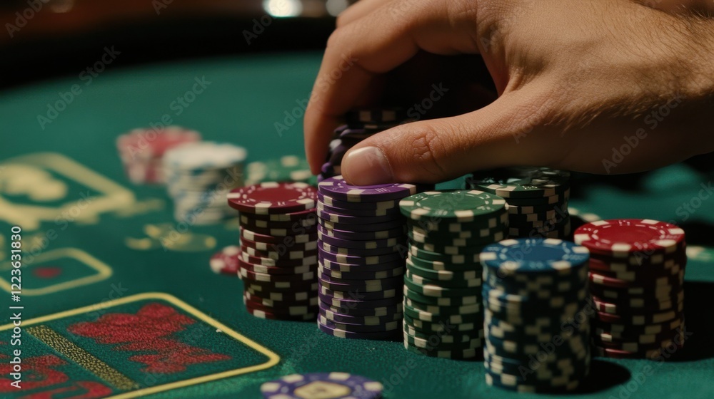 Hand stacking poker chips on casino table in close-up scene Hand stacking poker chips on casino table in close-up scene
