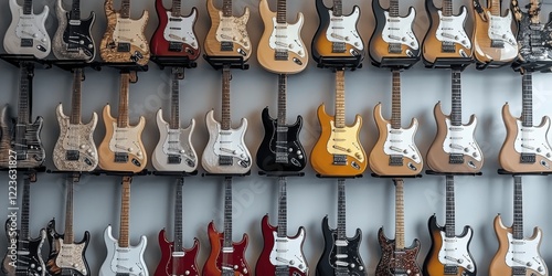 Many electric guitars hanging on a wall celebrating International Guitar Month