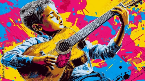 Young musician playing acoustic guitar during international guitar month