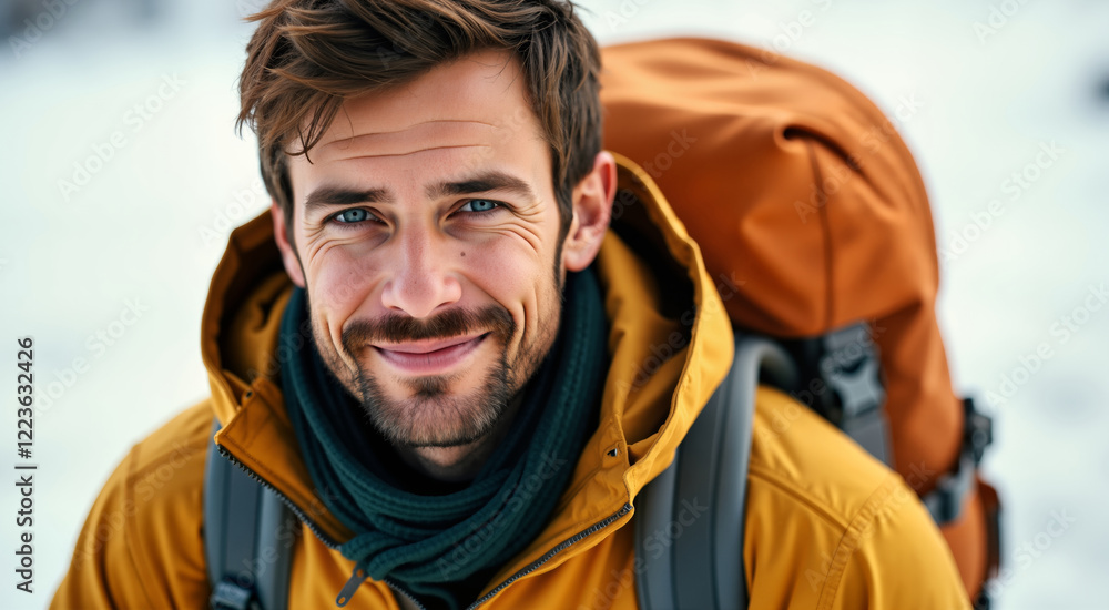 Portrait of a smiling man with a backpack in the winter mountains. He is wearing a yellow jacket and a scarf, and has a backpack on his back. Portrait of a smiling man with a backpack in the winter mountains. He is wearing a yellow jacket and a scarf, and has a backpack on his back.