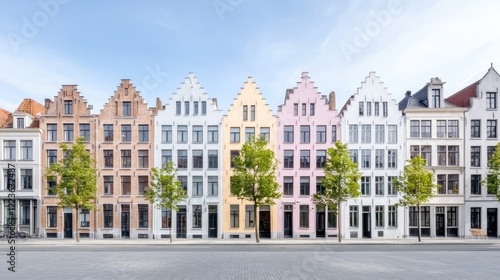 Colorful houses, cobblestone street, tree-lined row, sunny day, European city, tourism