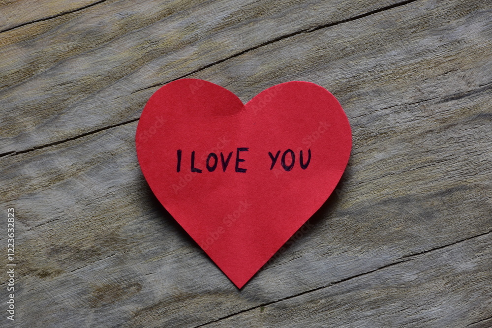 Message text I love you on red heart shape paper card for valentines day on wooden board textured background. Valentines day card with words I love you. Minimalist valentines day greetings. Message text I love you on red heart shape paper card for valentines day on wooden board textured background. Valentines day card with words I love you. Minimalist valentines day greetings.
