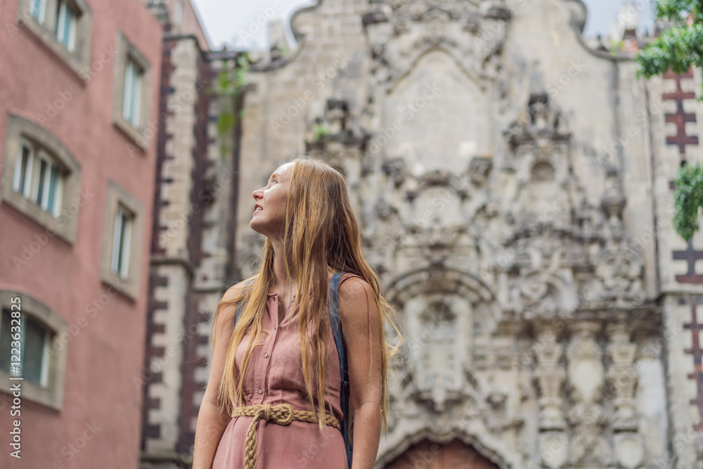 Fototapeta premium Female tourist in the central square of Mexico City, Zocalo. Cultural exploration, travel, and historic architecture concept