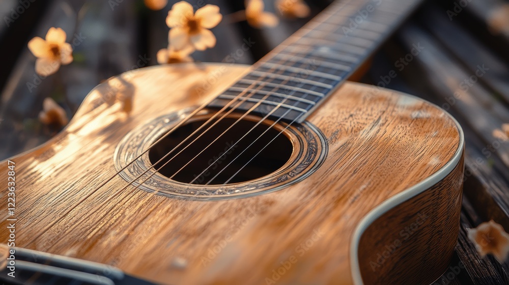 Fototapeta premium Acoustic guitar resting on wooden planks during International Guitar Month