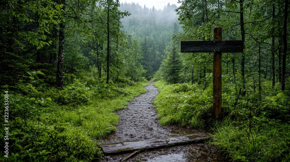 Rainy forest path, wooden signpost, nature trail, misty background, hiking adventure Rainy forest path, wooden signpost, nature trail, misty background, hiking adventure