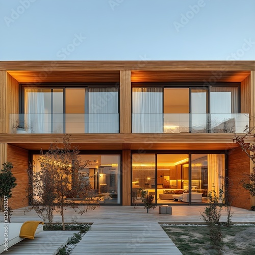 A contemporary duplex with matching exteriors of wood and glass, separated by a central courtyard. photo