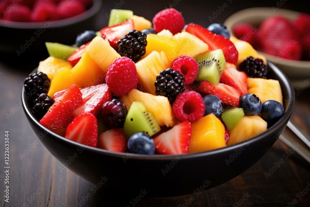 Fresh fruit salad with raspberries, strawberries, blueberries, blackberries, kiwi, pineapple and mango in a black bowl Fresh fruit salad with raspberries, strawberries, blueberries, blackberries, kiwi, pineapple and mango in a black bowl