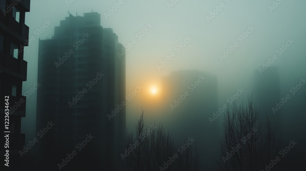 Foggy city with a sun in the sky Foggy city with a sun in the sky