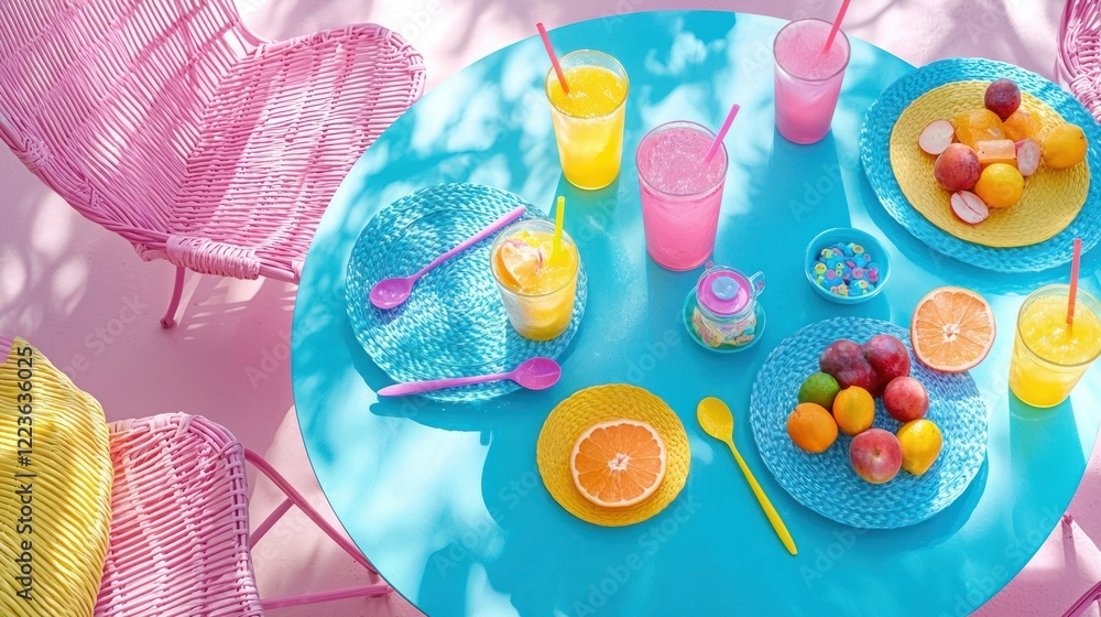 Fototapeta premium Pink patio, summer drinks, fruit, vibrant table setting