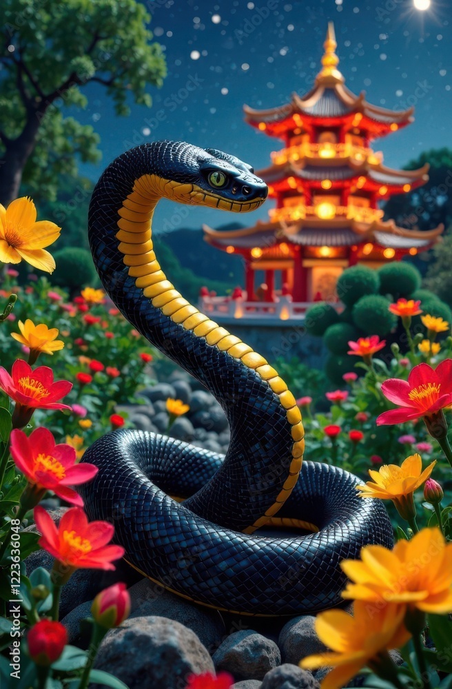 Obraz premium A stunning black snake with yellow patterns gracefully coils in a garden filled with colorful flowers.