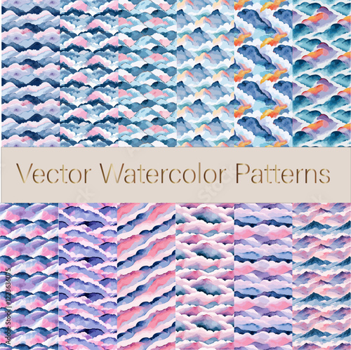 Set of vector watercolor patterns in blue, pink, copper and violet shades for creating printed products, postcards, packaging, interior