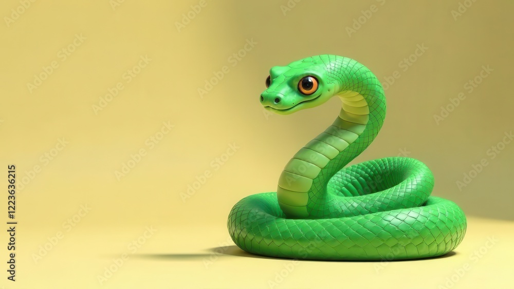 Fototapeta premium A vibrant green snake is coiled on a pale yellow surface, showcasing its smooth scales and bright eyes. The playful posture adds a lively element to the captivating display of nature's beauty.