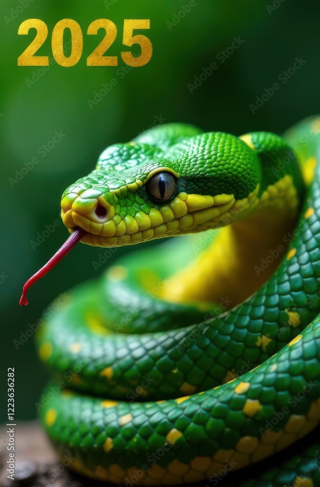 Fototapeta premium A vibrant green snake with yellow accents is coiled in a lush natural environment, tongue flicking as it explores its surroundings, suggesting a lively atmosphere in 2025.