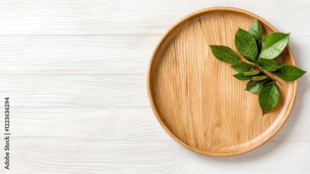 Empty wooden plate with green leaves on white wood; food background Empty wooden plate with green leaves on white wood; food background