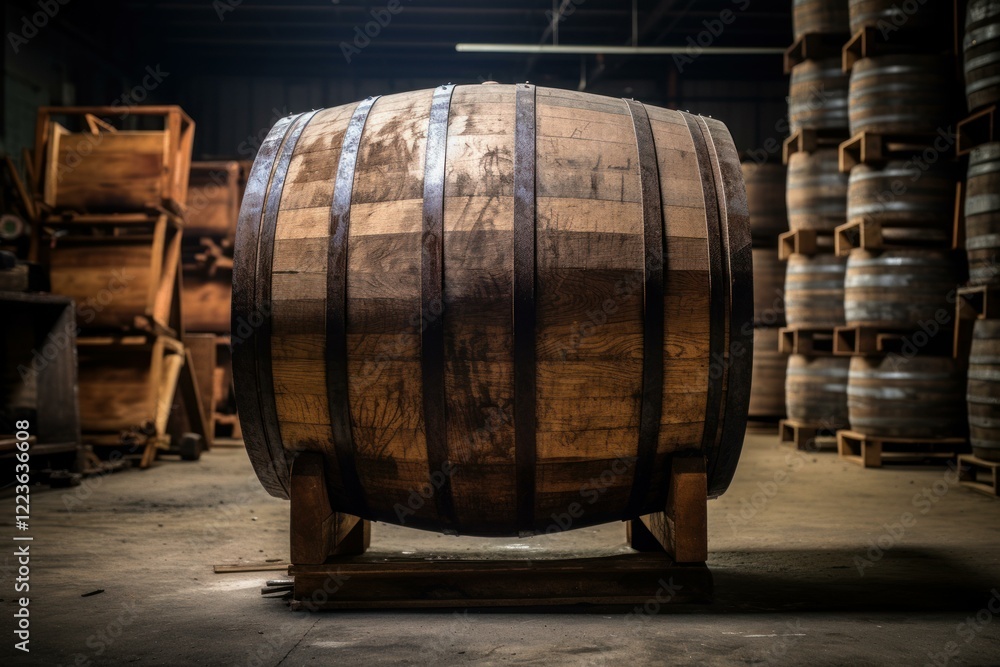 Fototapeta premium Oak barrel standing in a cellar or warehouse of distillery or brewery, aging alcohol