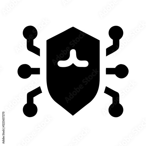 Cyber security icon with shield, lock, and digital connections, symbolizing protection and data safety.