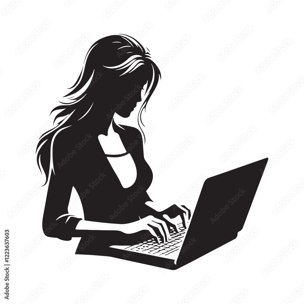 Person typing on a laptop depicted in silhouette for modern visuals - typing person silhouette - typing person vector - typing person illustration - typing silhouette - typing vector
Person typing on a laptop depicted in silhouette for modern visuals - typing person silhouette - typing person vector - typing person illustration - typing silhouette - typing vector