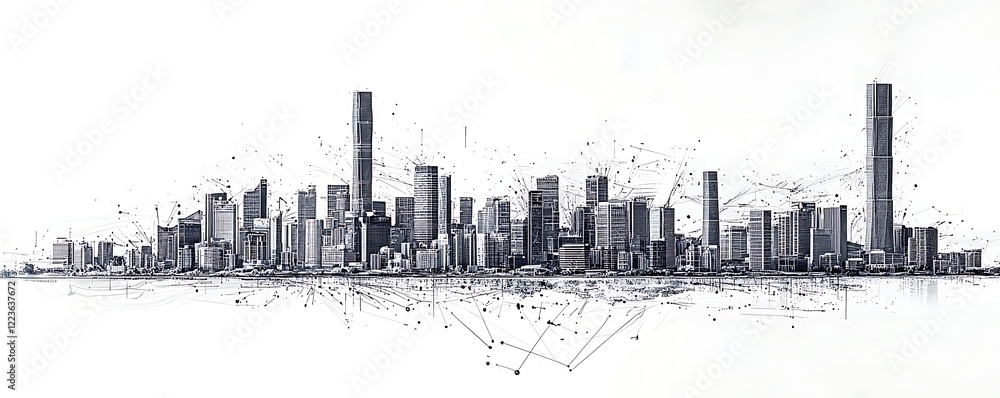Obraz premium Xiamen skyline rendered with particle lines, symbolizing the intersection technology and modern urban landscapes