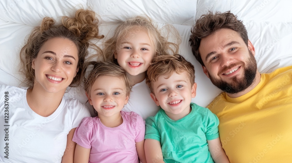 Happy family lying on bed, smiling, top view, bedroom background, ideal for family blogs Happy family lying on bed, smiling, top view, bedroom background, ideal for family blogs