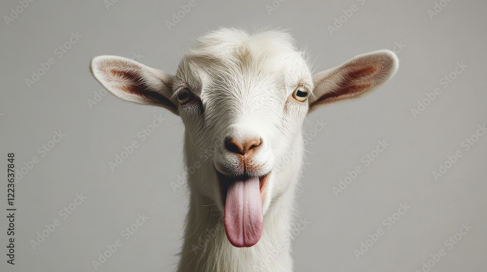 Playful goat sticking out tongue in studio portrait Playful goat sticking out tongue in studio portrait