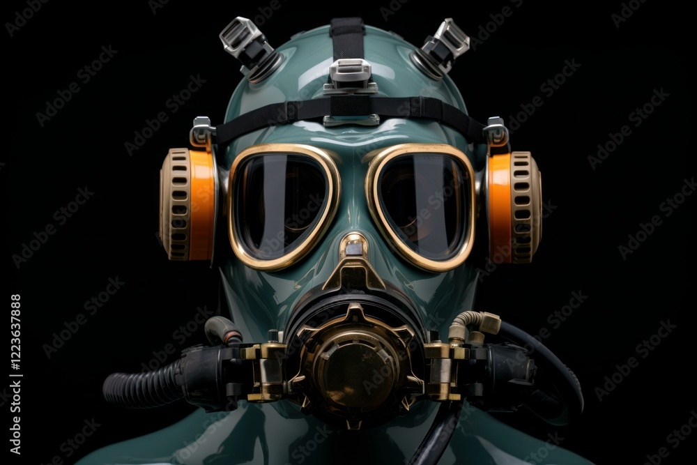 Studio shot of an old diving helmet equipped with gas mask and headphones, isolated on black Studio shot of an old diving helmet equipped with gas mask and headphones, isolated on black