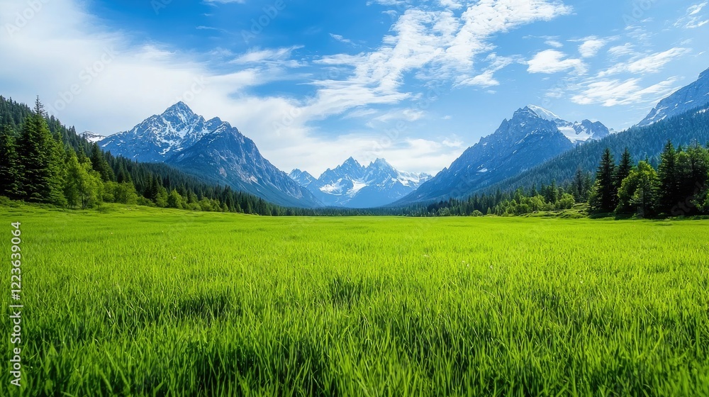 Fototapeta premium Mountain meadow landscape, scenic view, summer day, green grass, travel poster