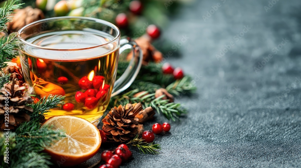 Festive winter tea, citrus & berries, dark background, cozy holiday scene, ideal for greeting cards Festive winter tea, citrus & berries, dark background, cozy holiday scene, ideal for greeting cards