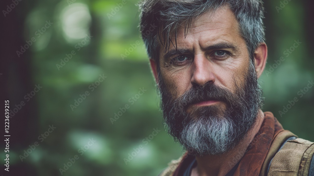 Mature caucasian male with beard in rustic outdoor setting Mature caucasian male with beard in rustic outdoor setting