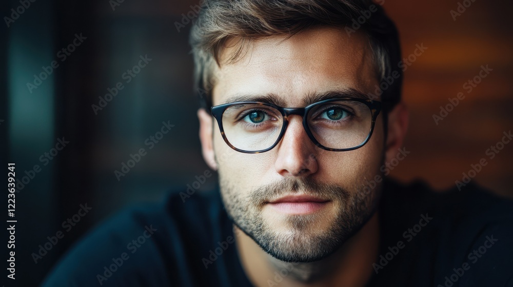 Caucasian young male with glasses, focused expression, brown hair Caucasian young male with glasses, focused expression, brown hair