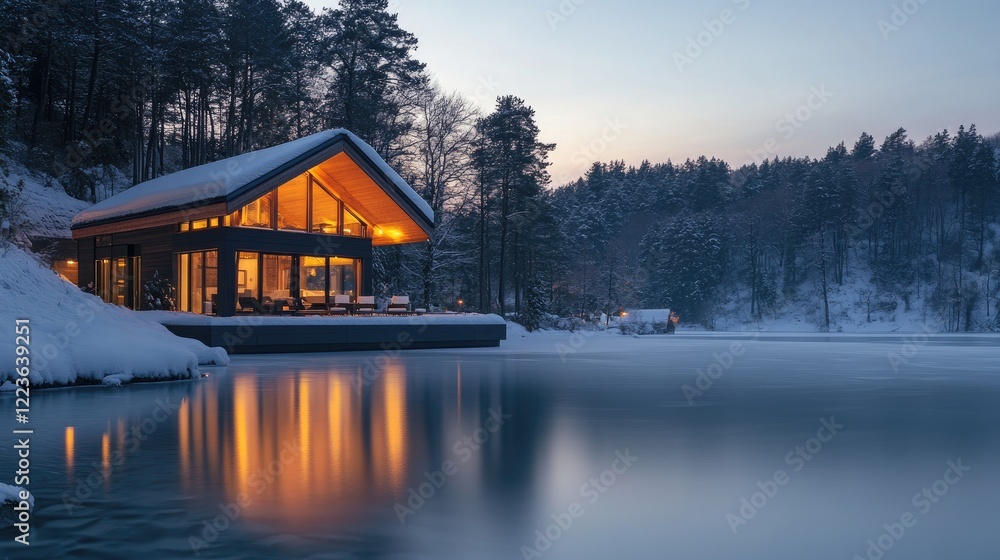Fototapeta premium Cozy modern cabin by a frozen lake at sunset, surrounded by snow-covered trees, creating a serene winter scene