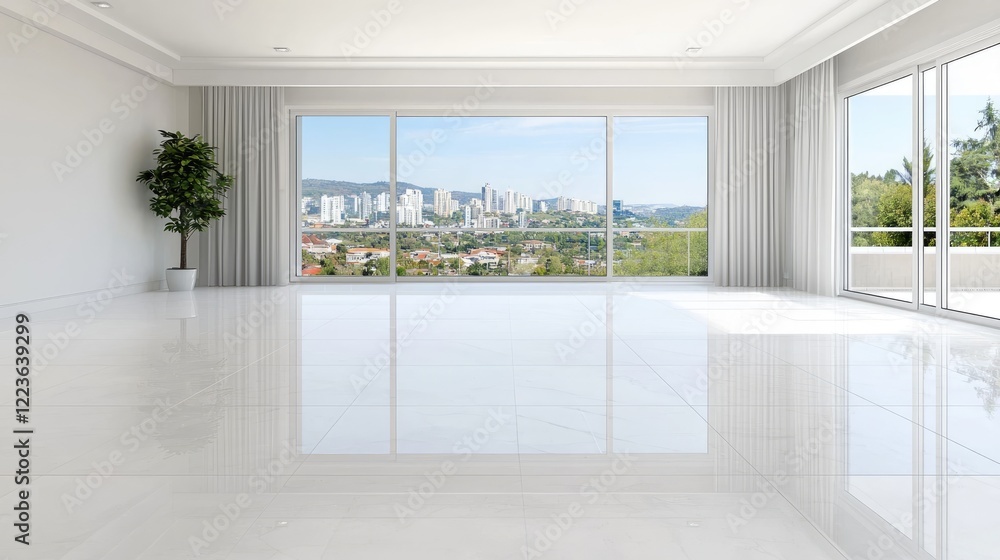Fototapeta premium Modern apartment, city view, bright interior, empty room, real estate