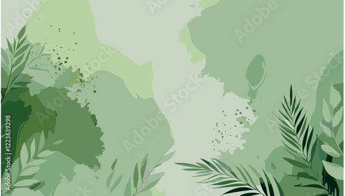  Abstract vector tropical art floral background vector, wallpaper with watercolor, leaf framed, flower, vivid foliage, aquarelle frame, in green and blue, summer colors.

