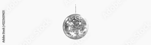 disco ball isolated on white background with square mirrors vintage grunge halftone magazine dotted texture collage element for retro music dance culture mixed media design pop art style object