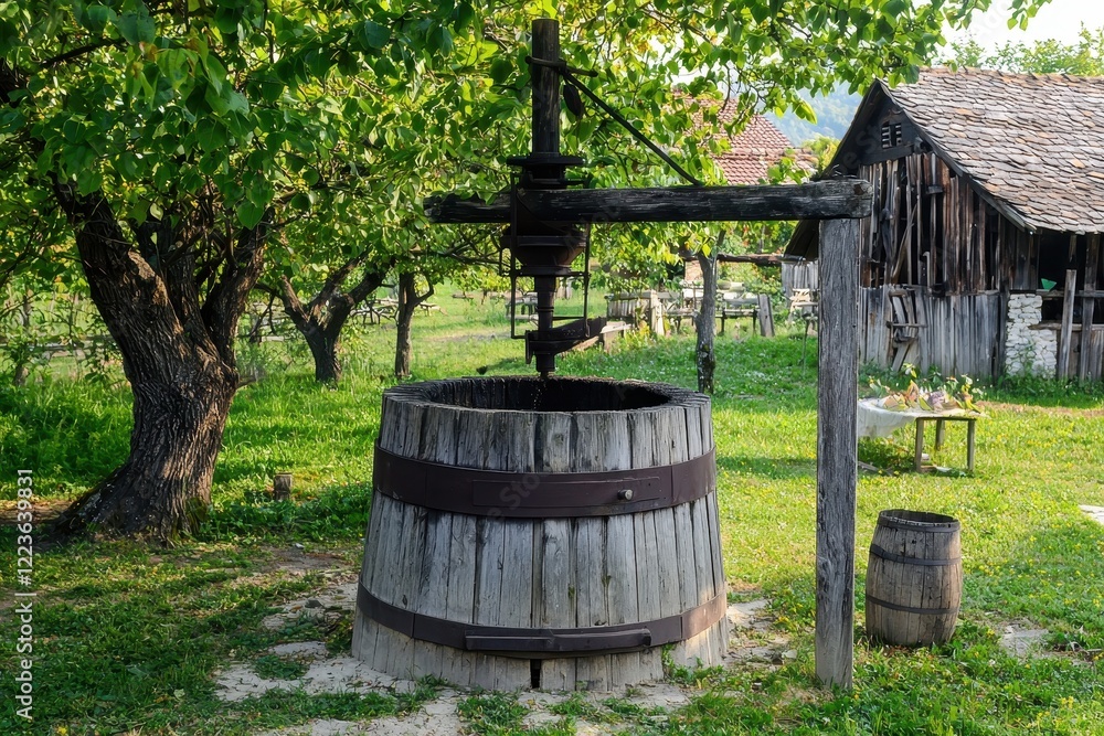 Ancient Nut Press A historical nut oil press in a rustic village setting Ancient Nut Press A historical nut oil press in a rustic village setting