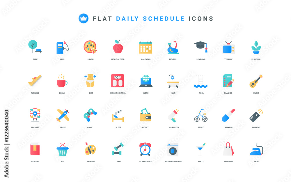 Daily routine and modern life schedule, agenda, time management color icon set. Check event of day in calendar and clock, sport training and everyday task, payment flat elements vector illustration Daily routine and modern life schedule, agenda, time management color icon set. Check event of day in calendar and clock, sport training and everyday task, payment flat elements vector illustration