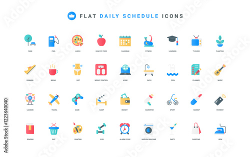 Daily routine and modern life schedule, agenda, time management color icon set. Check event of day in calendar and clock, sport training and everyday task, payment flat elements vector illustration