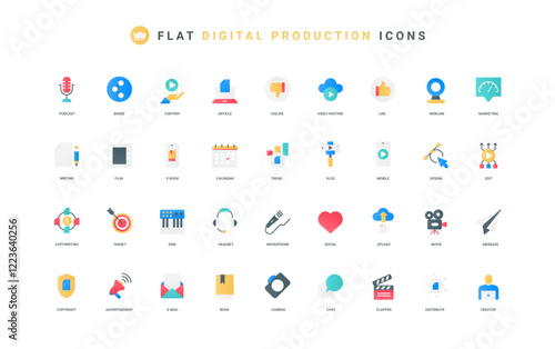 Production of digital content for online blog, vlog, mobile player app color icon set. Devices to record, edit sound and video, post for likes in social media flat elements vector illustration