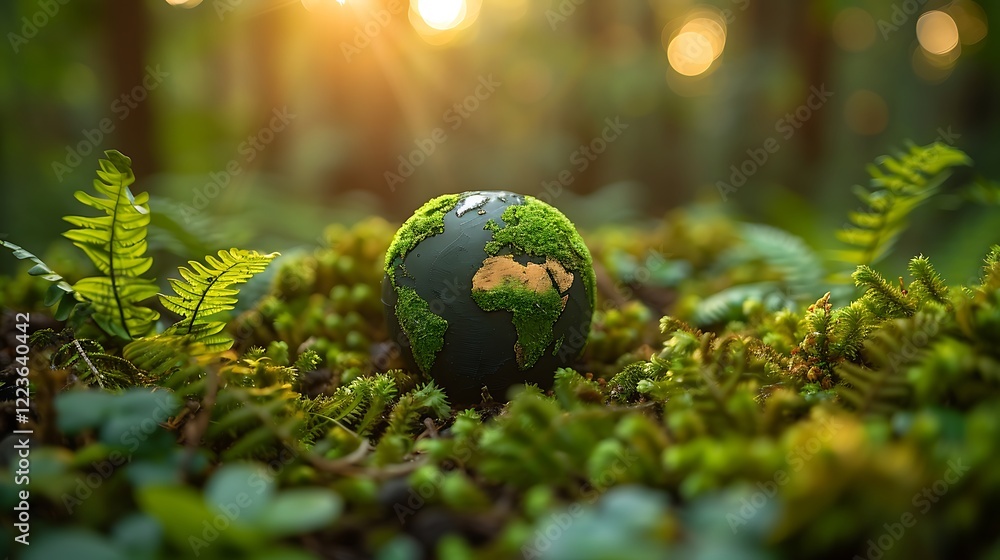 Enchanting Crystal Earth Resting on Lush Ferns Amidst Verdant Green Grass in a Sunlit Forest, Capturing Nature's Tranquil Beauty and Serenity Enchanting Crystal Earth Resting on Lush Ferns Amidst Verdant Green Grass in a Sunlit Forest, Capturing Nature's Tranquil Beauty and Serenity