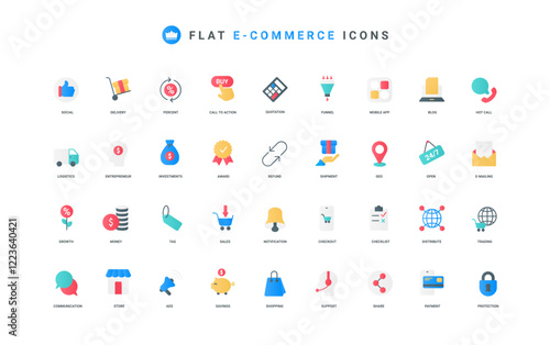 Ecommerce, online payment and purchase, quality of commercial customer service, shop promotion color icon set. Shipping location on map, gift and discount coupon flat elements vector illustration