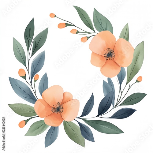 Watercolor painting of a flower arrangement with a blue and green leafy border