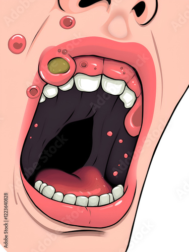 open mouth with ulcers, pus, stomatitis, tongue, cold sores on the lips, stock illustration vector flat cartoon stl isolated on white background, icon of the oral cavity of dentists, dermatologists photo